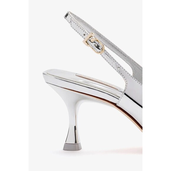 Larroude Ines Metallic Silver Mary Jane Pointed Toe Sculptural Kitten Heels Sz 7 - Picture 5 of 16